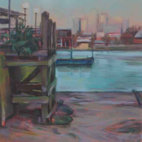 'Canary Wharf from Greenwich', oil on canvas